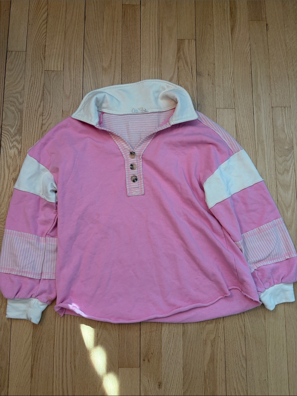 Women’s New In Pink Striped Rugby Collar Pullover Top